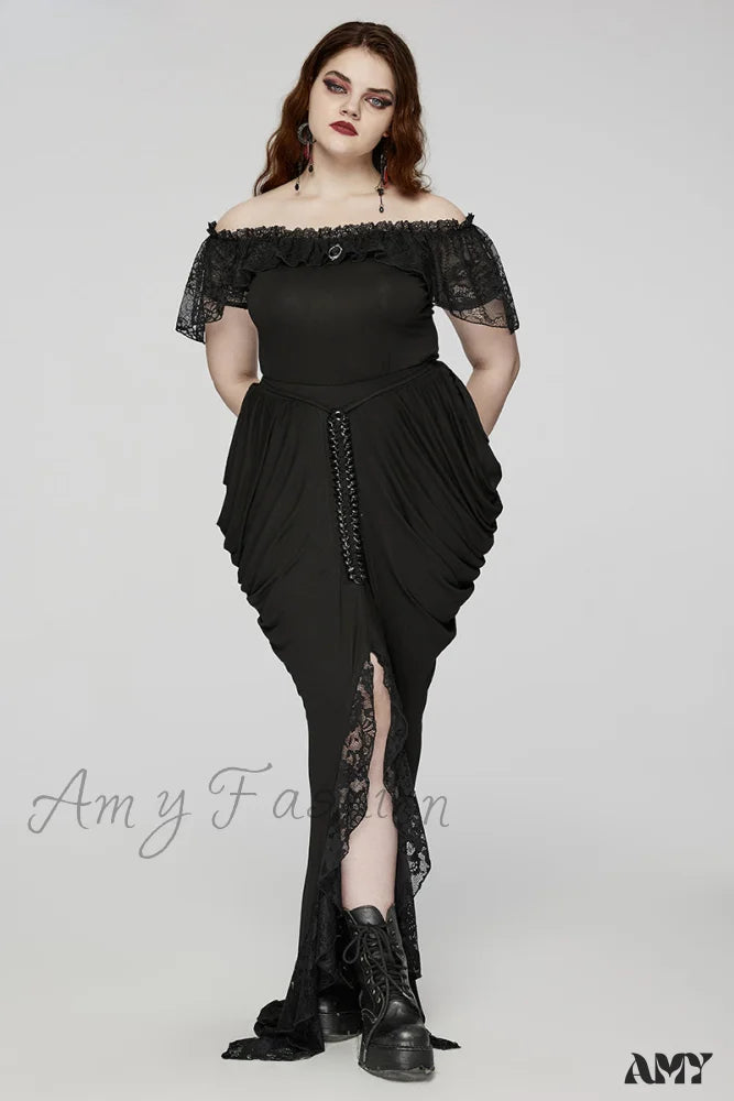 Gothic Elegance Personality Pleat Long Lace Knitted Women’s Side Hip Skirt And Designed Party