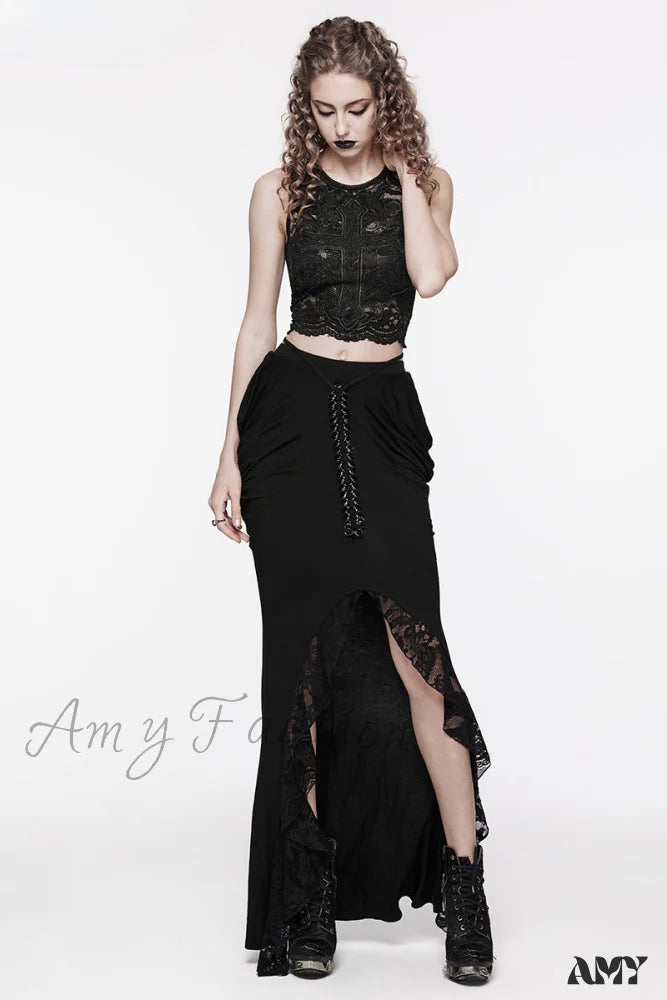 Gothic Half Pleats Fabric Slim Knitted And Long Hip Skirt Side Lace Women’s Sexy Designed Black / S