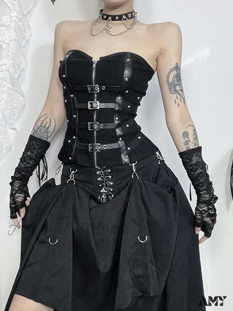 Gothic Harajuku Pu Goth Patchwork Crop Top Zipper Alt