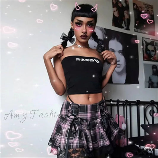 Gothic Harajuku Skirt Mini Y2K High Sexy Streetwear Mall Women Summer Grunge Vintage Bandage Waist