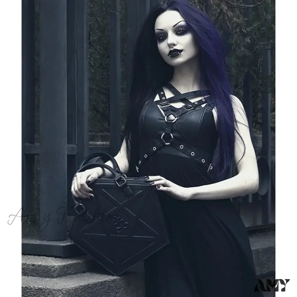 Gothic Leather Pentagram Punk Chain Black Women Darkness Star Handbag Soft