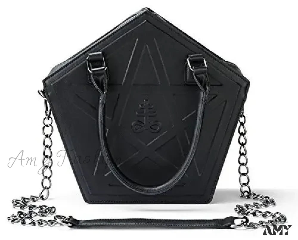 Gothic Leather Pentagram Punk Chain Black Women Darkness Star Handbag Soft / (30Cm