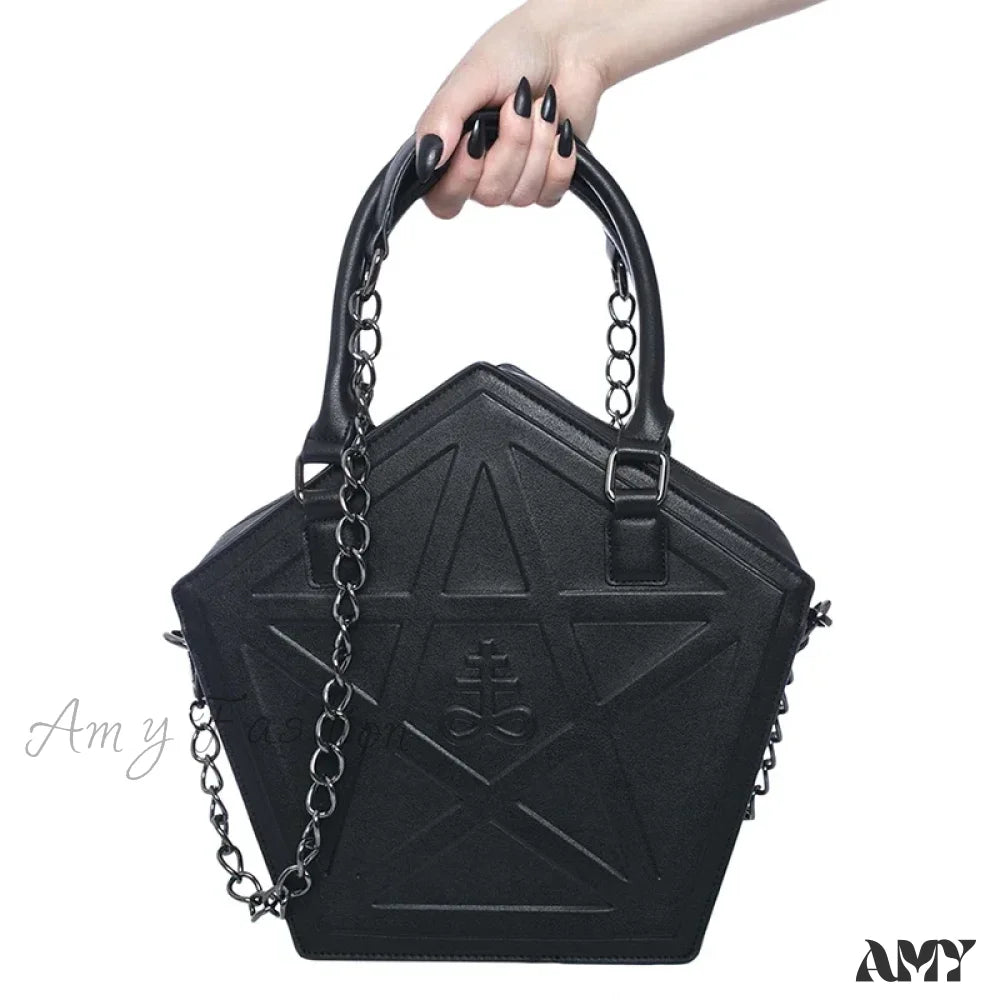 Gothic Leather Pentagram Punk Chain Black Women Darkness Star Handbag Soft