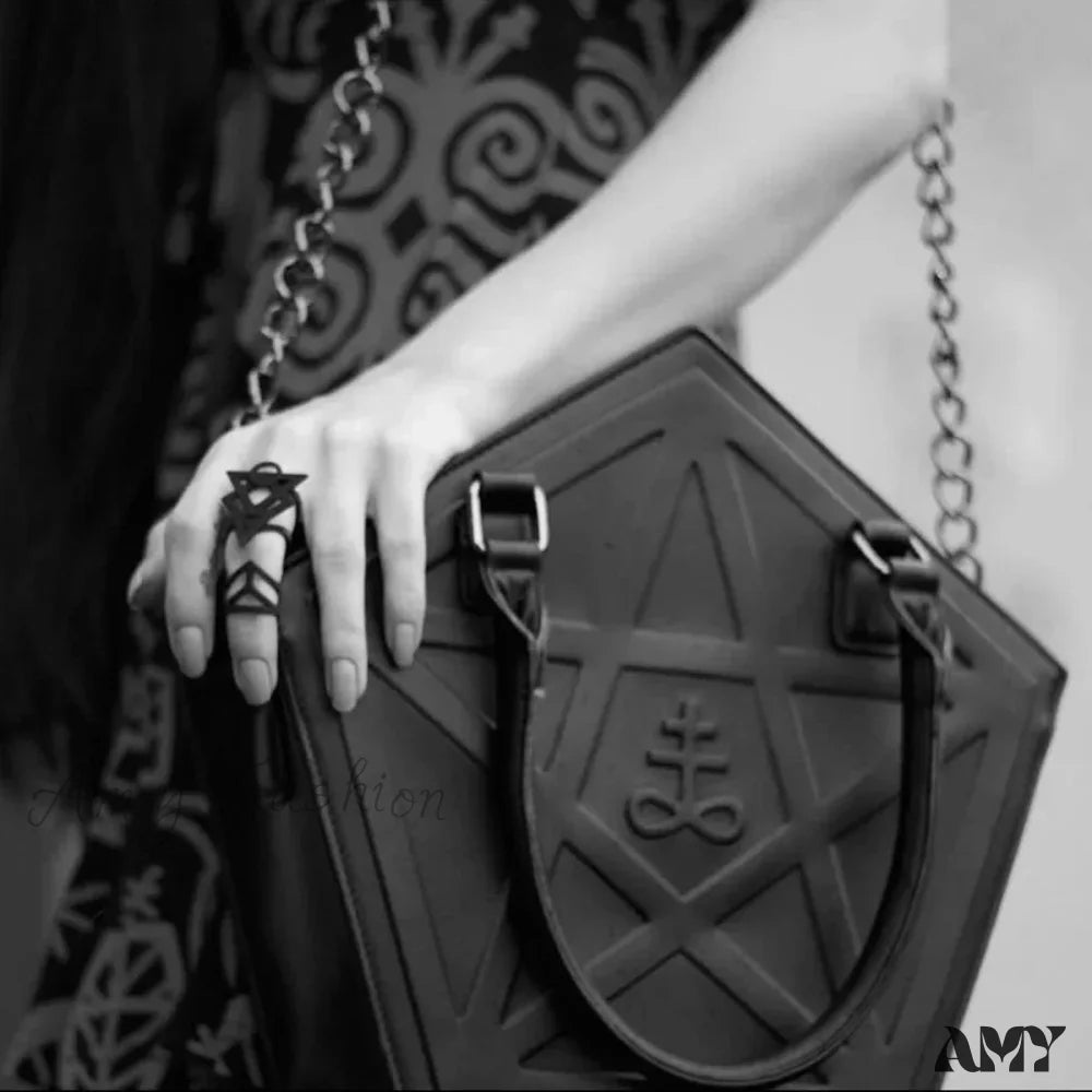 Gothic Leather Pentagram Punk Chain Black Women Darkness Star Handbag Soft