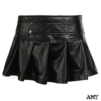 Gothic Leather Pleated Short Black Side Zipper A-Line Fashion Skirt / S