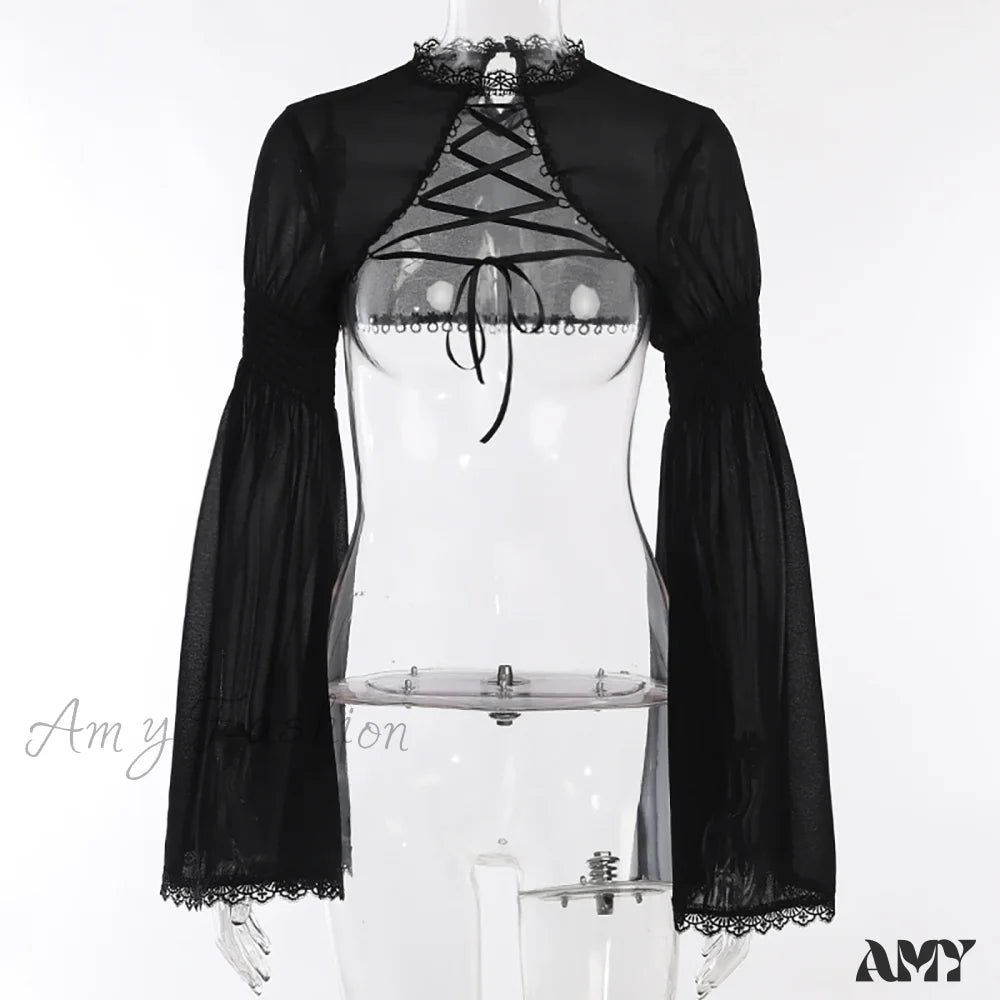 Gothic Punk Lace Flare Sleeve Cropped Sheer Elegant Steampunk Cozy Cardigan