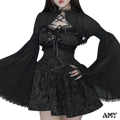 Gothic Punk Lace Flare Sleeve Cropped Sheer Elegant Steampunk Cozy Cardigan