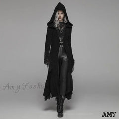 Gothic Retro Black Long Hooded Woolen Costume Halloween Warm Cozy Stylish Cardigan