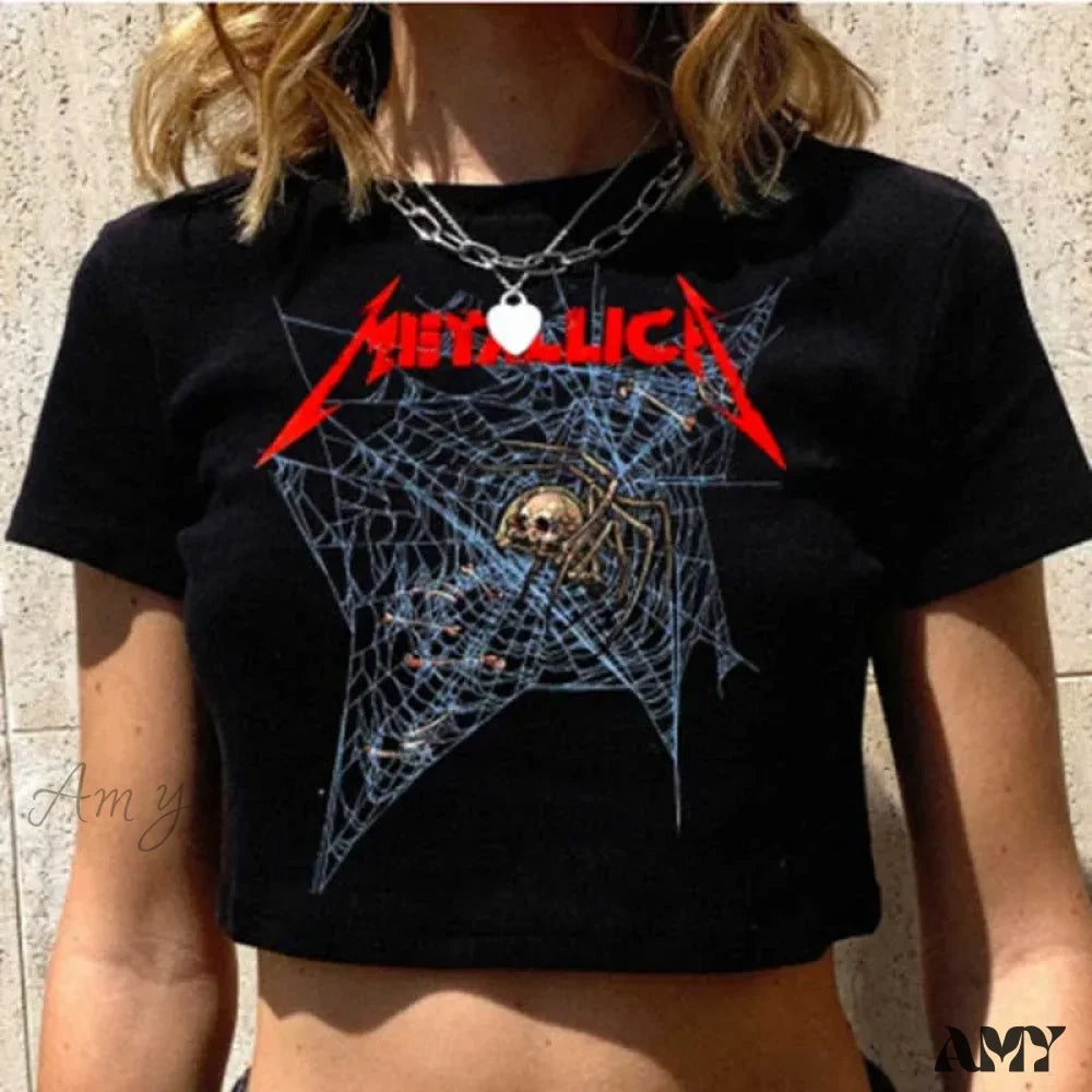 Gothic Skeleton Cobweb Print Grunge Graphic Short Sleeve Harajuku Punk Basic Sexy Crop Top