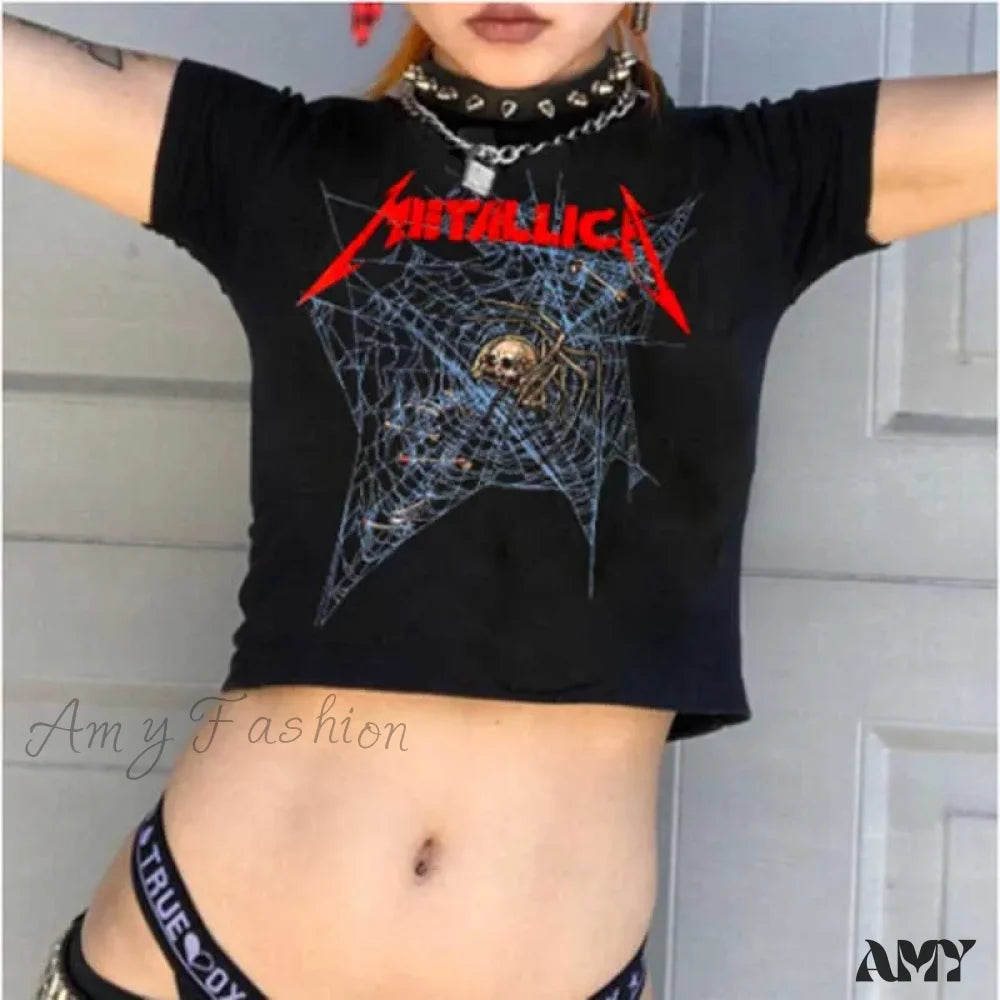 Gothic Skeleton Cobweb Print Grunge Graphic Short Sleeve Harajuku Punk Basic Sexy Crop Top