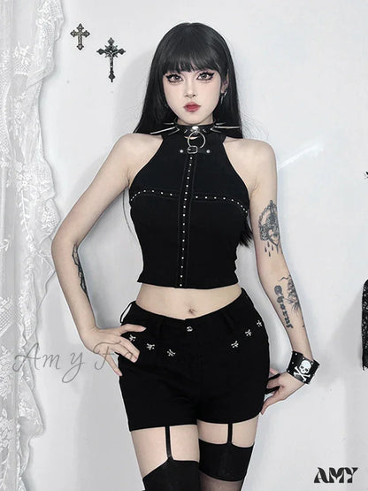 Gothic Sleeveless Sexy Harajuku Darkness Knit Summer Crop Bodycon Top Halter Black Punk / Xs