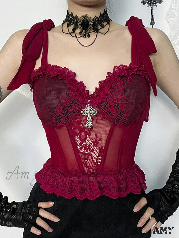 Gothic Strap Crop Camisole Top Corset V Lace Floral Neck Adjustable Mesh