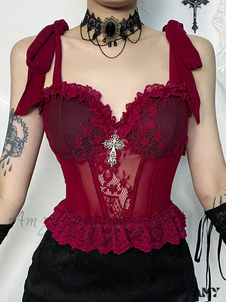 Gothic Strap Crop Camisole Top Corset V Lace Floral Neck Adjustable Mesh Red / S