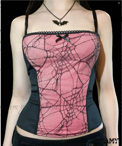 Gothic Web Pattern Top Sleeveless Backless Spider Crop Zipper