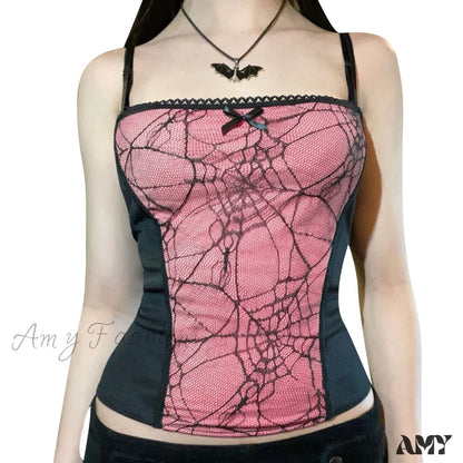 Gothic Web Pattern Top Sleeveless Backless Spider Crop Zipper Pink / S