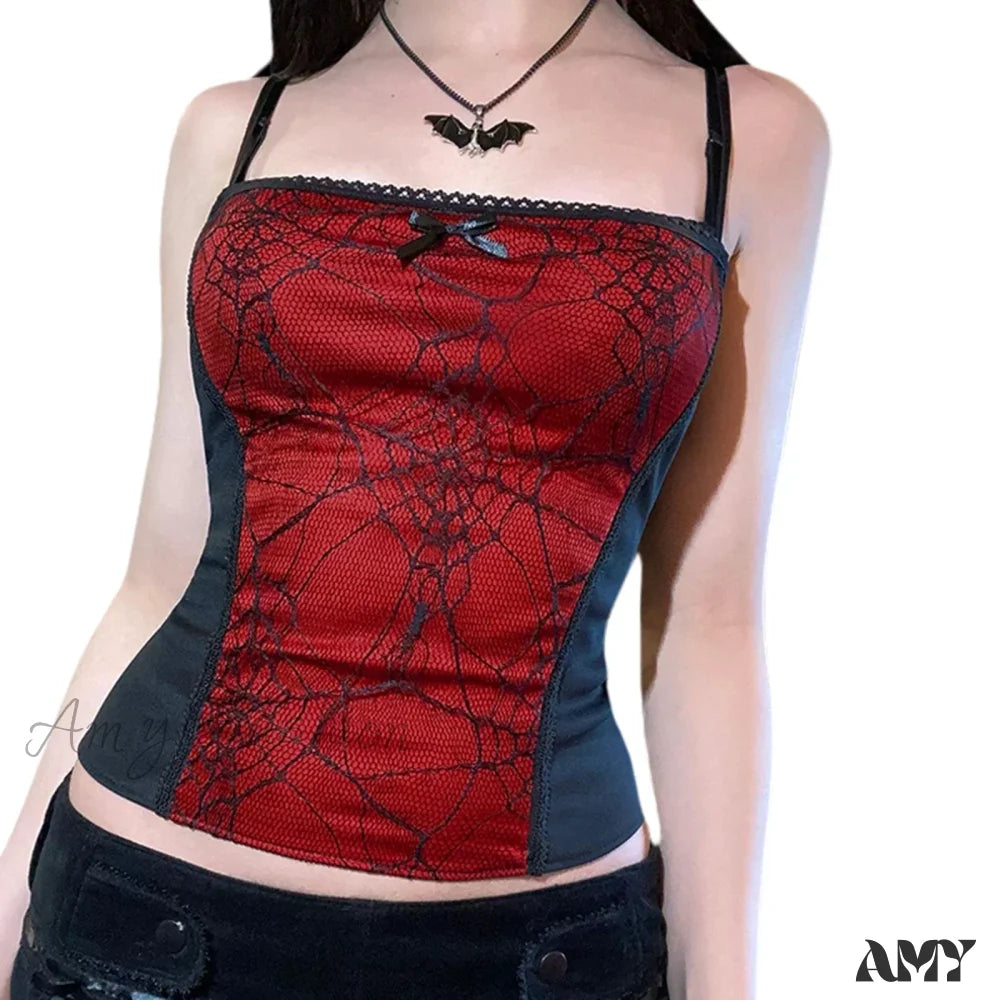 Gothic Web Pattern Top Sleeveless Backless Spider Crop Zipper Red / S