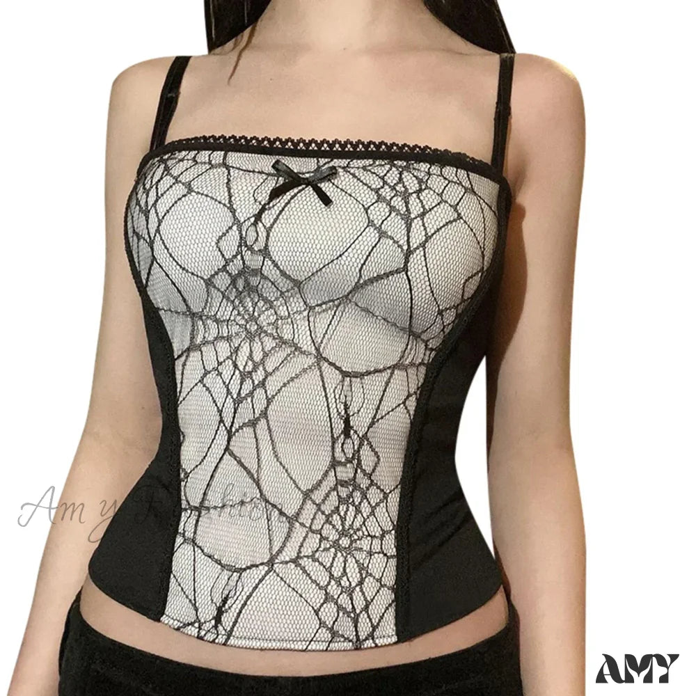 Gothic Web Pattern Top Sleeveless Backless Spider Crop Zipper White / S