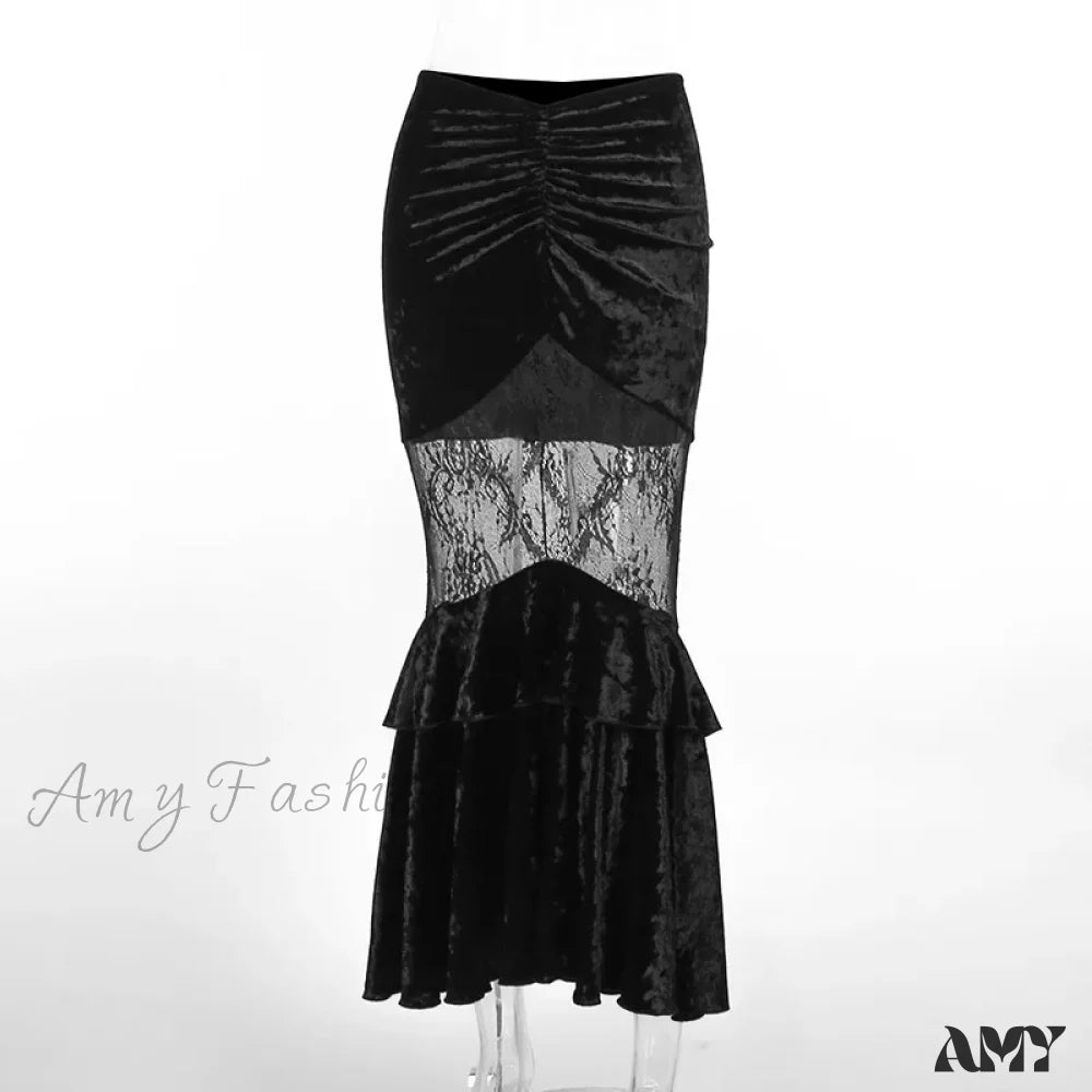 Gothic Women Sexy Lace Grunge Velvet Fairy Black Skirt Fishtail Stitching Fall / S