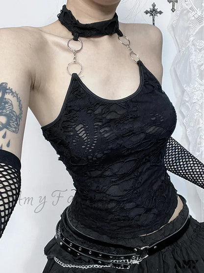 Gothic Y2K Halter Crop Backless Top Cyberpunk