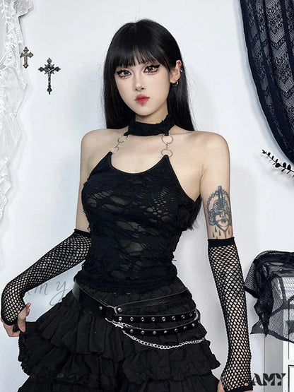 Gothic Y2K Halter Crop Backless Top Cyberpunk Black / S