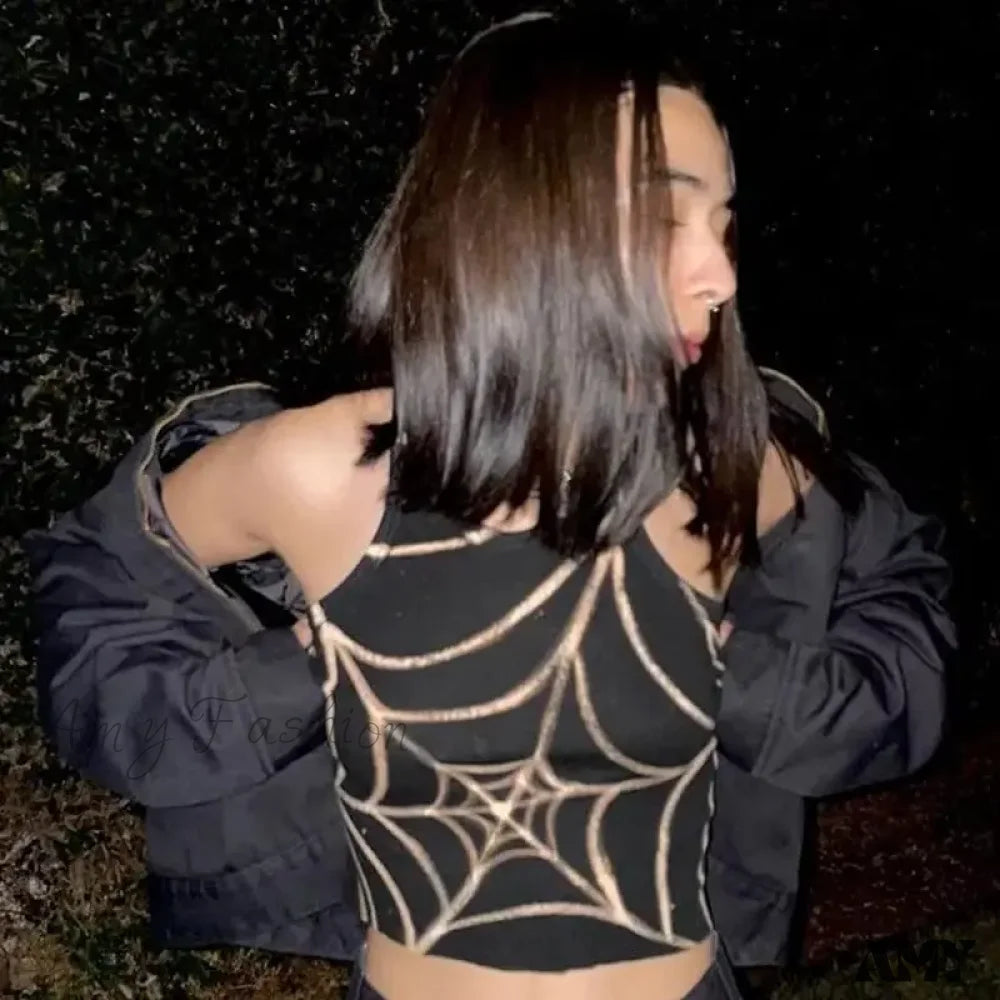 Graphic Web Spider Crop Grunge Top Gothic Dark