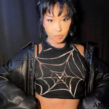 Graphic Web Spider Crop Grunge Top Gothic Dark