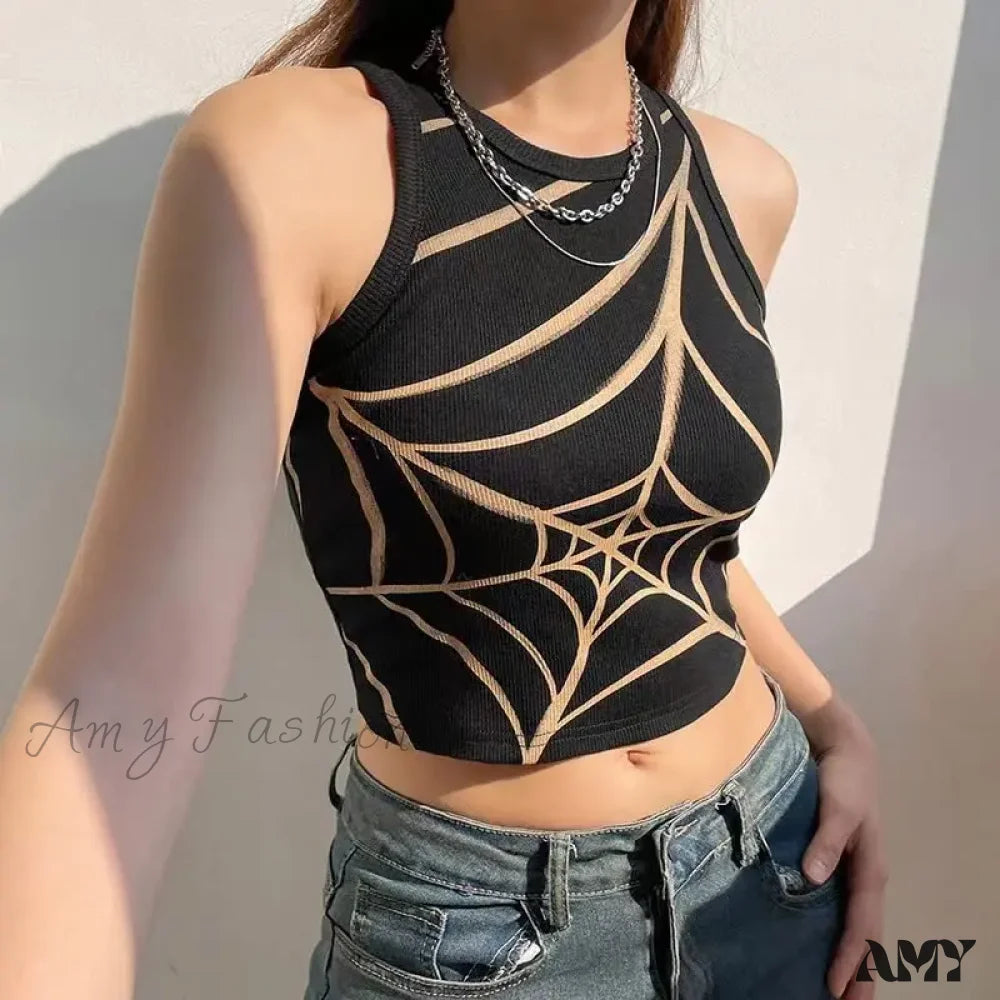 Graphic Web Spider Crop Grunge Top Gothic Dark Black / S