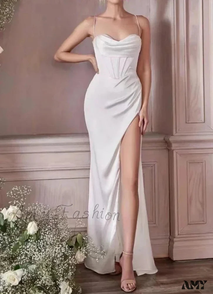 Green Lace Up Backless Slit Suspender Formal Evening Dress For Christmas Party White / S