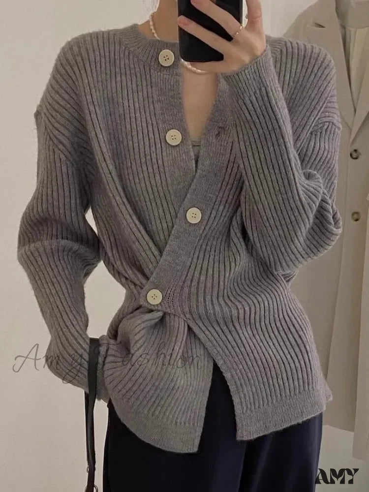 Grey Premium Thick Women’s Autumn Winter Design Irregular Side Buckle Breasted Sweater Gray / One