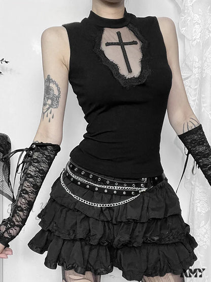 Grunge Crop See Alternative Dark Patchwork Gothic Top Through Mesh Cross