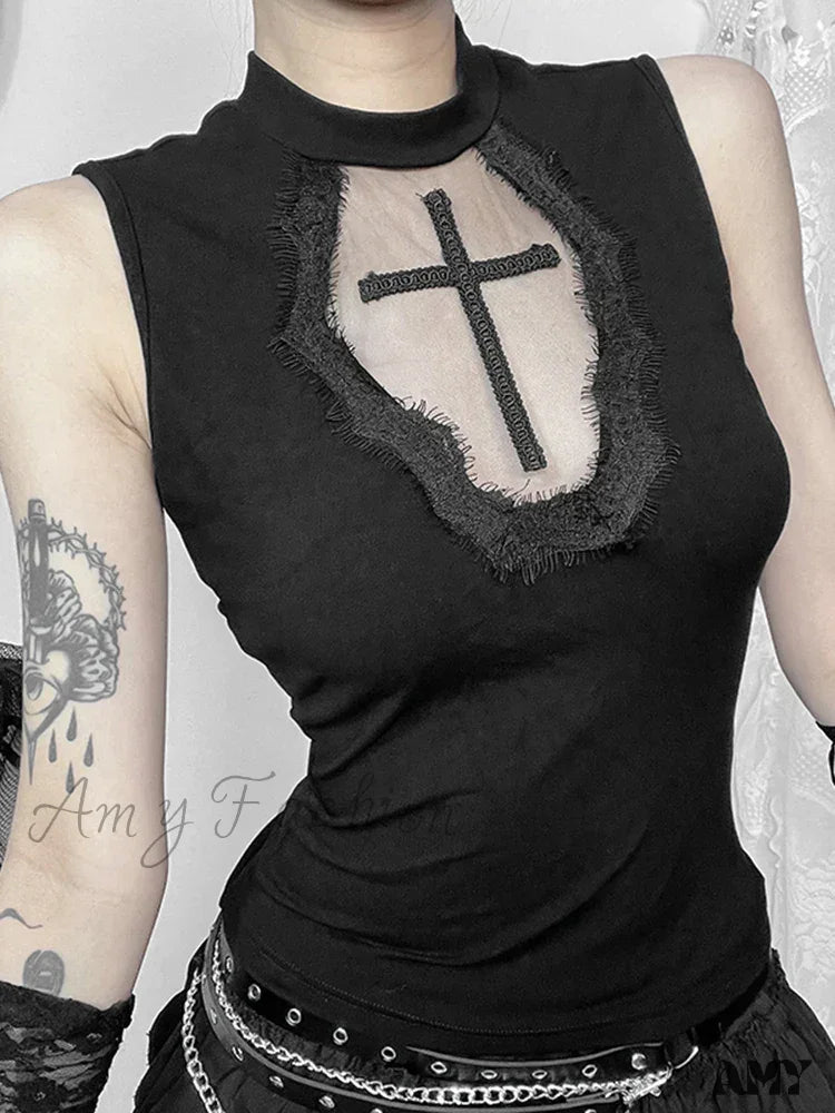 Grunge Crop See Alternative Dark Patchwork Gothic Top Through Mesh Cross