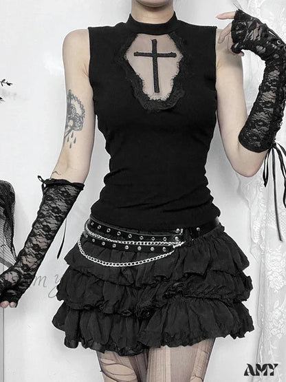 Grunge Crop See Alternative Dark Patchwork Gothic Top Through Mesh Cross