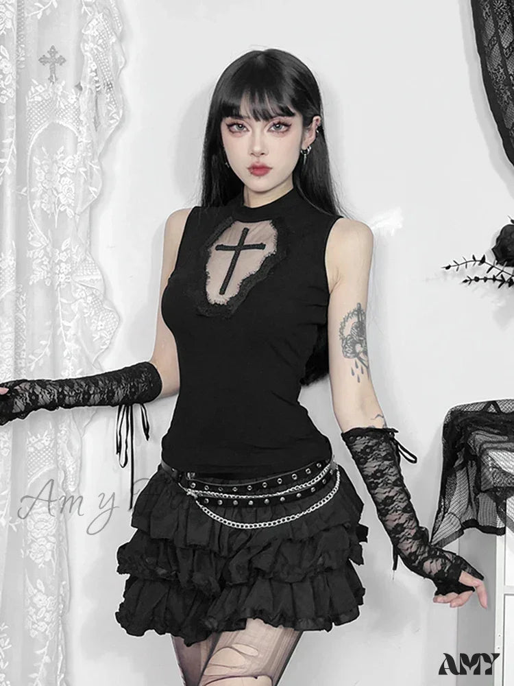 Grunge Crop See Alternative Dark Patchwork Gothic Top Through Mesh Cross