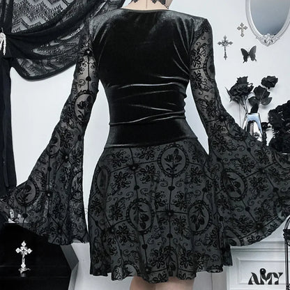 Grunge Punk Dresses Vintage Velvet Sleeve Party Elegant Flocked Bandage Flare Dress Style Gothic