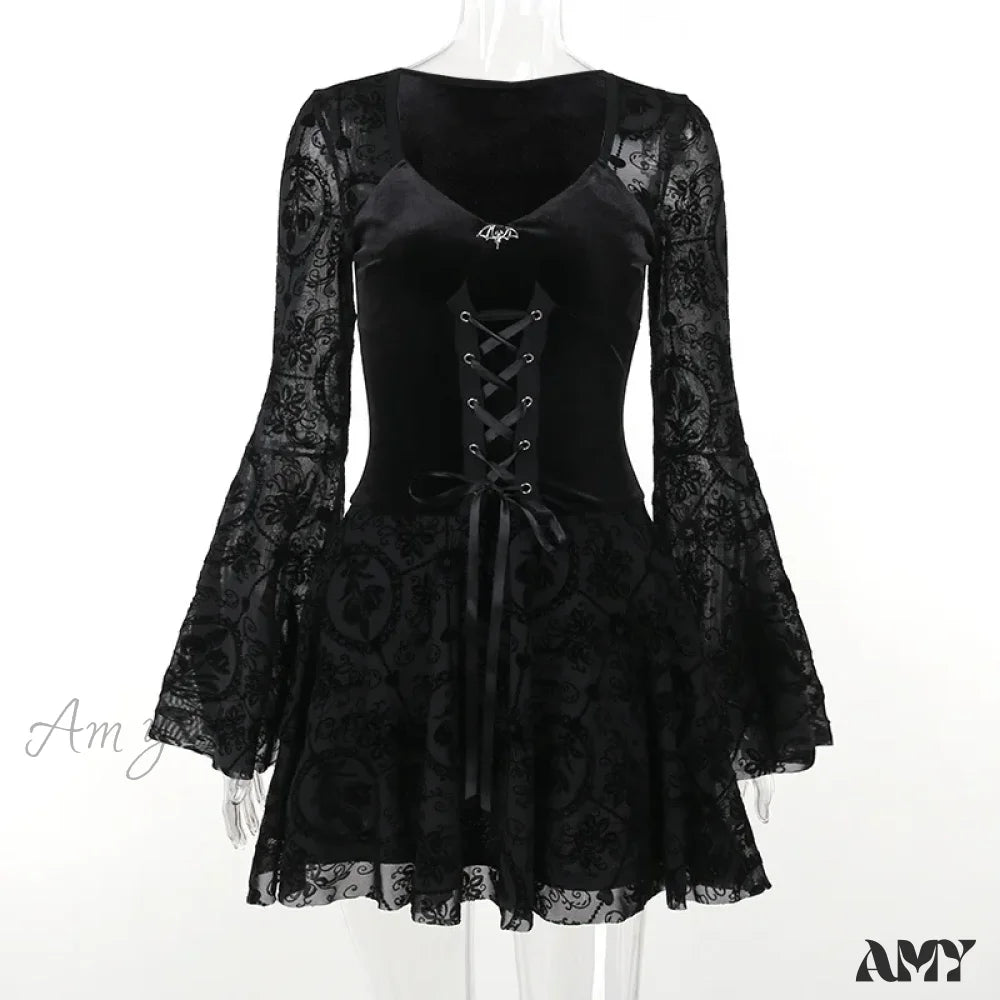 Grunge Punk Dresses Vintage Velvet Sleeve Party Elegant Flocked Bandage Flare Dress Style Gothic