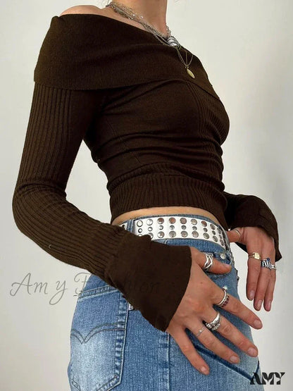 Grunge Retro Off Shoulder Elegant Slash Neck Long Sleeve Sweater