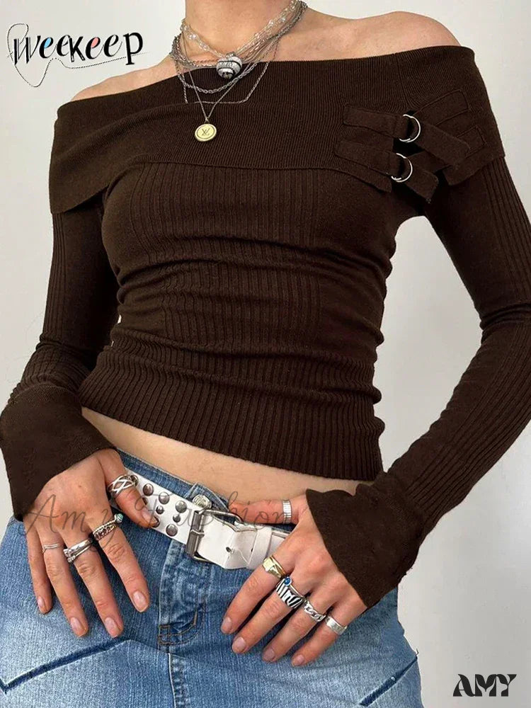 Grunge Retro Off Shoulder Elegant Slash Neck Long Sleeve Sweater Brown / S