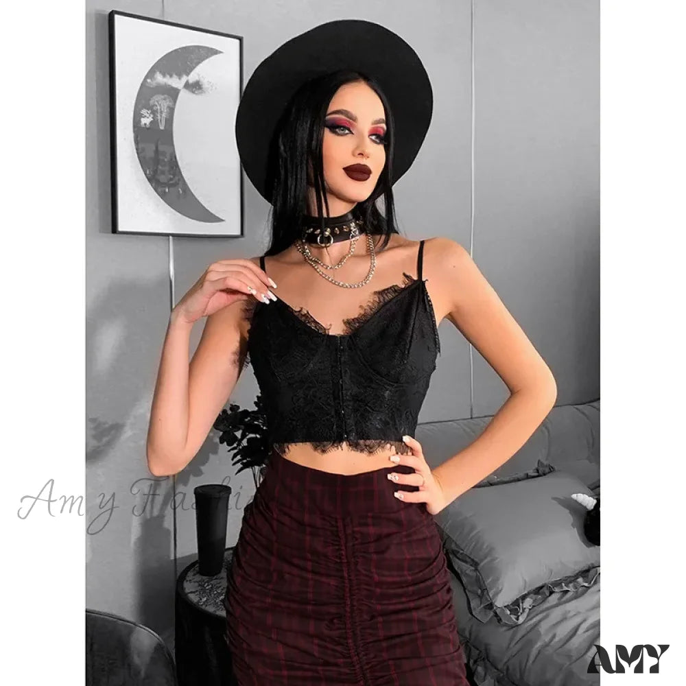 Grunge Sexy Fairy V-Neck Crop Top Gothic Lace Dark Punk