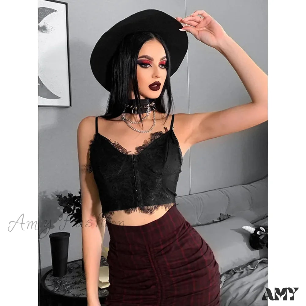 Grunge Sexy Fairy V-Neck Crop Top Gothic Lace Dark Punk