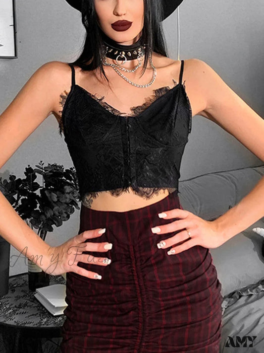 Grunge Sexy Fairy V-Neck Crop Top Gothic Lace Dark Punk