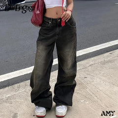 Grunge Vintage Distressed Baggy Stylish Comfortable Trendy Classic Unique Aesthetic Jean Black / S