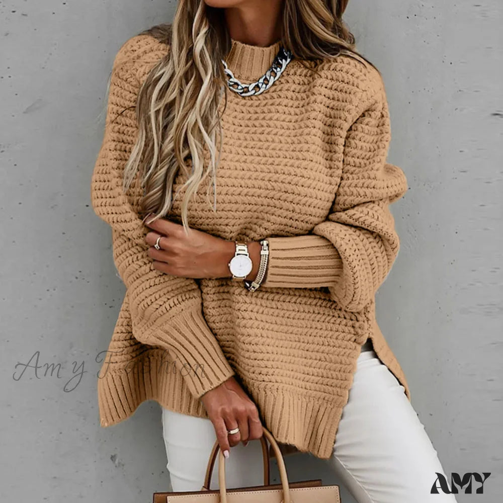 Half Turtleneck Loose Elegant Warm Oversized Pullover Knitted Sweater Khaki / S