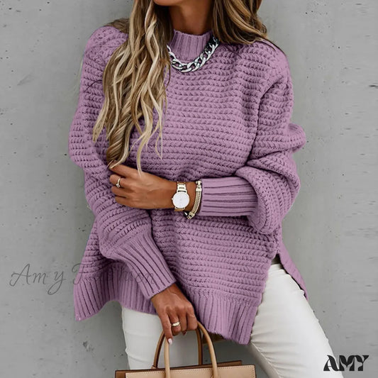 Half Turtleneck Loose Elegant Warm Oversized Pullover Knitted Sweater Purple / S