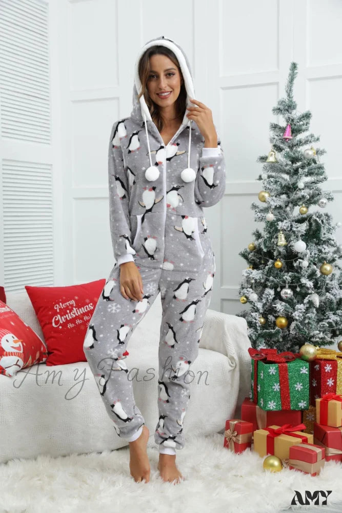 Halloween Flannel One-Piece Pajama Homewear Suit Grey / S