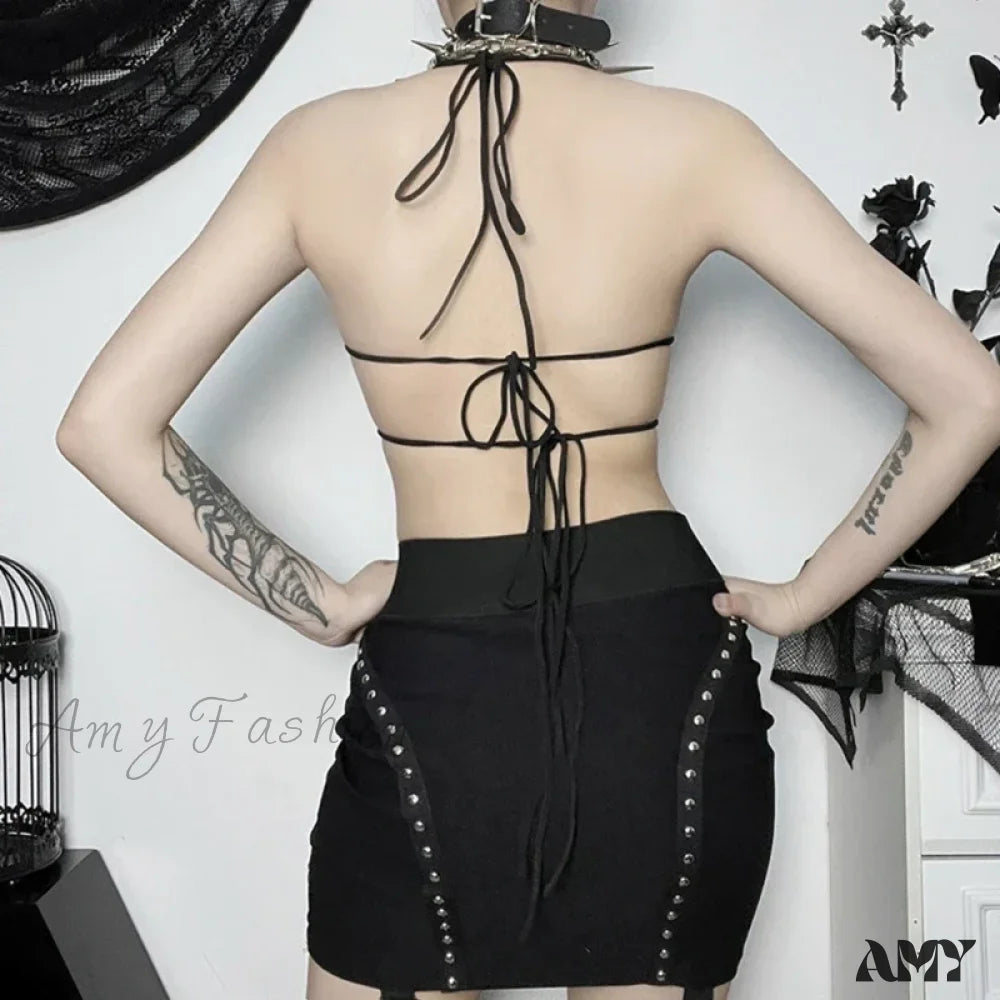 Halter Crop Gothic Black Backless Butterfly-Shape Strappy Top Sexy