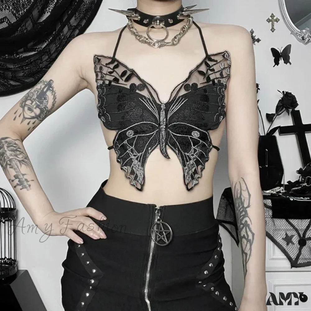 Halter Crop Gothic Black Backless Butterfly-Shape Strappy Top Sexy