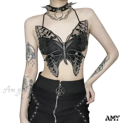 Halter Crop Gothic Black Backless Butterfly-Shape Strappy Top Sexy / One Size