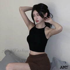Halter Neck Sleeveless Solid Colour All-Match Slim Fitting Crop Top