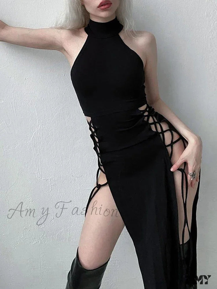 Halter Split Grunge Sexy High Slim Bandage Dark Gothic Partywear Dress Y2K