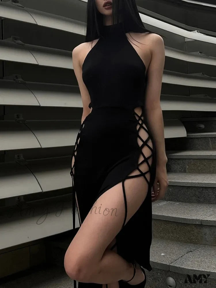 Halter Split Grunge Sexy High Slim Bandage Dark Gothic Partywear Dress Y2K Black / S